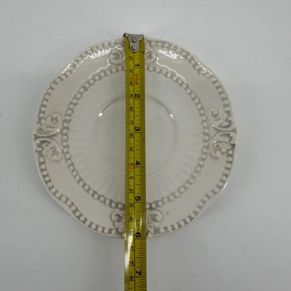 American Atelier Bianca Baroque Saucer‎ Plate Cream Embossed Scroll Beaded NEW